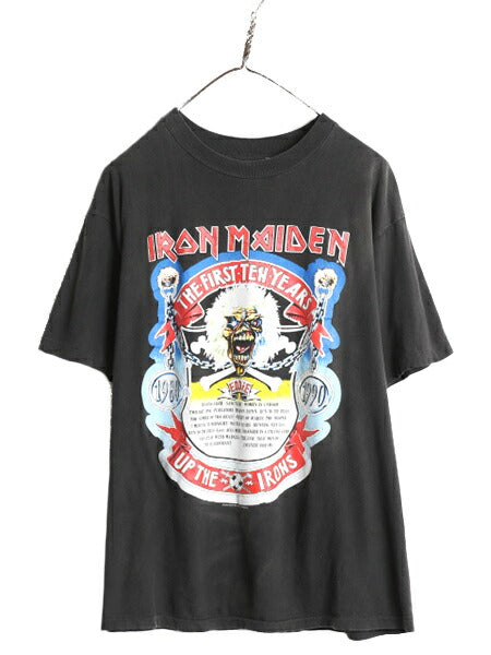 90s ★ アイアンメイデン 10周年 イラスト プリント Tシャツ メンズ L オールド 当時物 バンド メタル ロック スカル シングルステッチ 黒