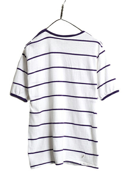 70s ★ Hands Off ボーダー 半袖 Tシャツ メンズ XL 小さめ L 古着 ヴィンテージ シアーズ 100% コットン リンガー サーフ ツートン 白 紫