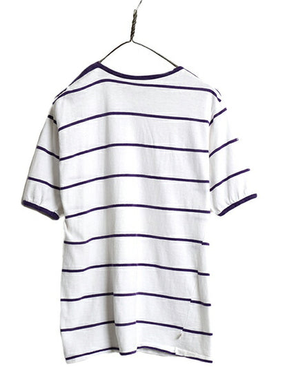 70s ★ Hands Off ボーダー 半袖 Tシャツ メンズ XL 小さめ L 古着 ヴィンテージ シアーズ 100% コットン リンガー サーフ ツートン 白 紫