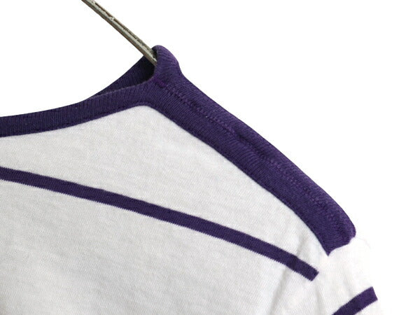 70s ★ Hands Off ボーダー 半袖 Tシャツ メンズ XL 小さめ L 古着 ヴィンテージ シアーズ 100% コットン リンガー サーフ ツートン 白 紫