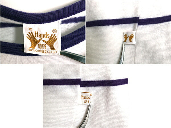 70s ★ Hands Off ボーダー 半袖 Tシャツ メンズ XL 小さめ L 古着 ヴィンテージ シアーズ 100% コットン リンガー サーフ ツートン 白 紫