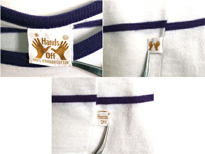 70s ★ Hands Off ボーダー 半袖 Tシャツ メンズ XL 小さめ L 古着 ヴィンテージ シアーズ 100% コットン リンガー サーフ ツートン 白 紫