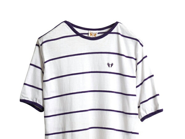 70s ★ Hands Off ボーダー 半袖 Tシャツ メンズ XL 小さめ L 古着 ヴィンテージ シアーズ 100% コットン リンガー サーフ ツートン 白 紫