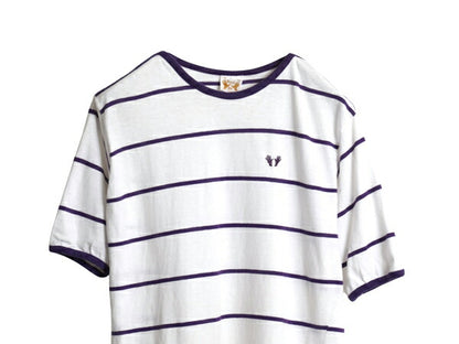 70s ★ Hands Off ボーダー 半袖 Tシャツ メンズ XL 小さめ L 古着 ヴィンテージ シアーズ 100% コットン リンガー サーフ ツートン 白 紫
