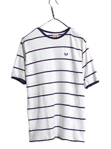 70s ★ Hands Off ボーダー 半袖 Tシャツ メンズ XL 小さめ L 古着 ヴィンテージ シアーズ 100% コットン リンガー サーフ ツートン 白 紫