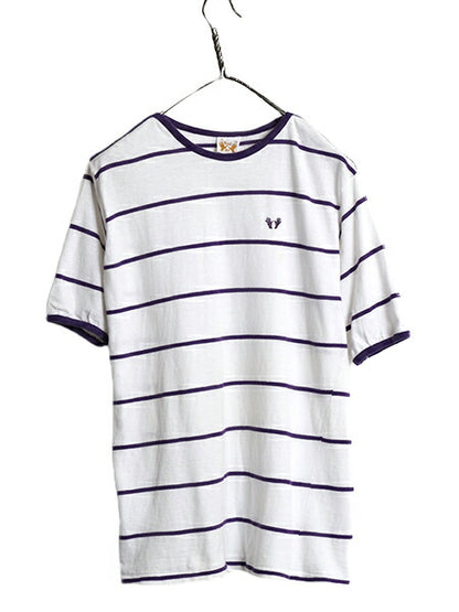 70s ★ Hands Off ボーダー 半袖 Tシャツ メンズ XL 小さめ L 古着 ヴィンテージ シアーズ 100% コットン リンガー サーフ ツートン 白 紫