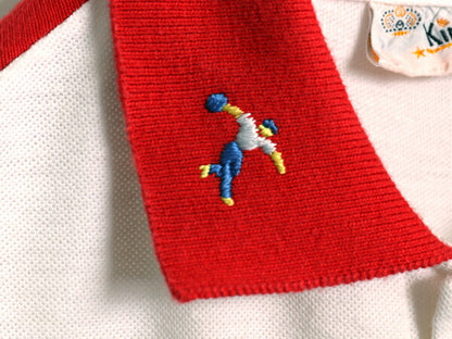 60s ★ キングルイ 鹿の子 ボウリング ポロシャツ メンズ L ヴィンテージ 半袖シャツ チェーンステッチ 刺繍 ポケット付き ツートン 赤 白