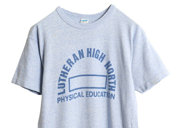 70s USA製 ★ チャンピオン 染込み 3段 カレッジ プリント Tシャツ メンズ M ヴィンテージ バータグ 88 12 シングルステッチ 霜降り ブルー