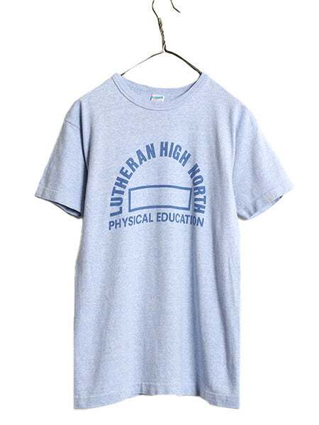 70s USA製 ★ チャンピオン 染込み 3段 カレッジ プリント Tシャツ メンズ M ヴィンテージ バータグ 88 12 シングルステッチ 霜降り ブルー