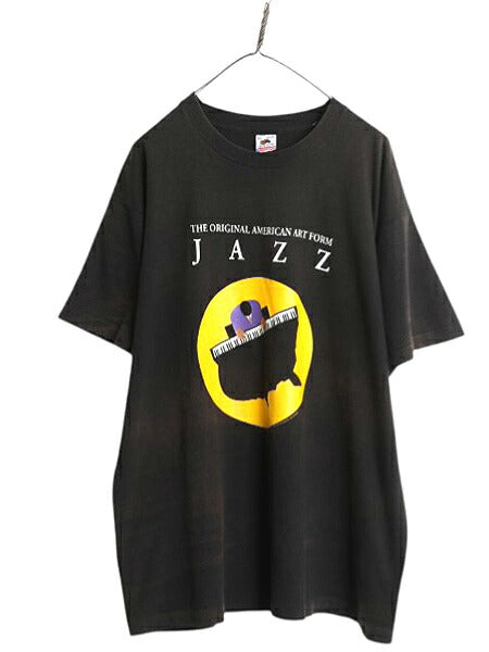 90s USA製 ★ ジャズ アート イラスト プリント Tシャツ メンズ XL / 古着 オールド 当時物 グラフィック 音楽 バンド シングルステッチ 黒