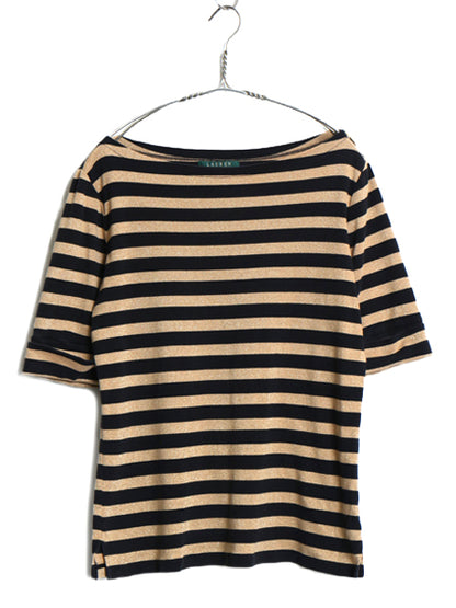 00s ローレン ラルフローレン ボートネック ラメ ボーダー 半袖 Tシャツ レディース L オールド ポロ 肩ジップ トップス カットソー 黒 金