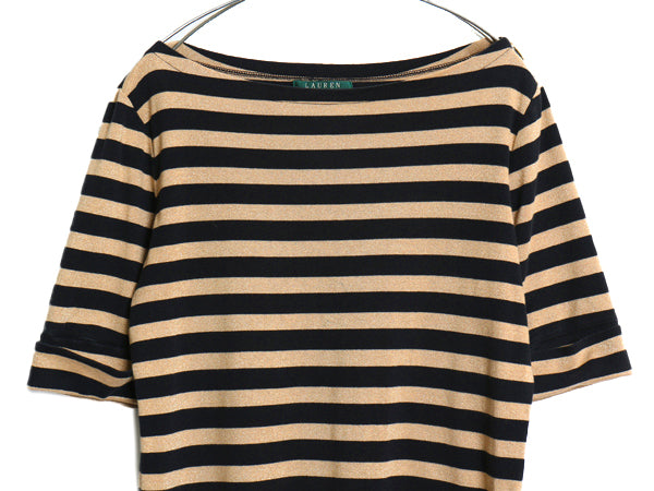 00s ローレン ラルフローレン ボートネック ラメ ボーダー 半袖 Tシャツ レディース L オールド ポロ 肩ジップ トップス カットソー 黒 金