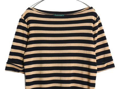 00s ローレン ラルフローレン ボートネック ラメ ボーダー 半袖 Tシャツ レディース L オールド ポロ 肩ジップ トップス カットソー 黒 金