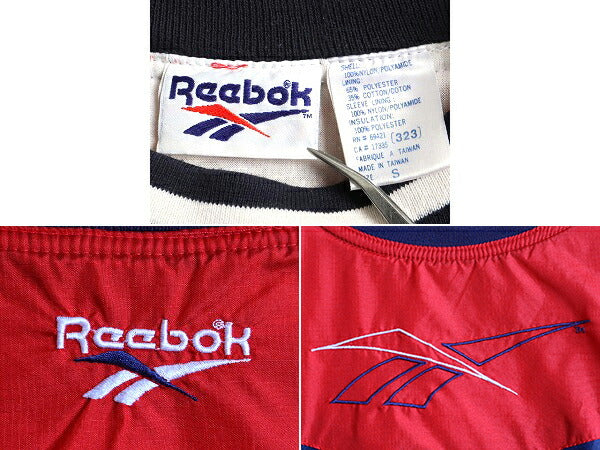 90s 希少サイズ S ■ リーボック 中綿入 プルオーバー ナイロン ジャケット ( メンズ ) 古着 90年代 ブルゾン Reebok 赤 紺 ビッグロゴ刺繍