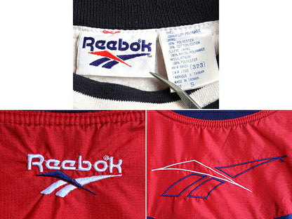 90s 希少サイズ S ■ リーボック 中綿入 プルオーバー ナイロン ジャケット ( メンズ ) 古着 90年代 ブルゾン Reebok 赤 紺 ビッグロゴ刺繍