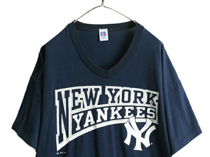 90s USA製 大きいサイズ XL ■ MLB オフィシャル ヤンキース プリント 半袖 Tシャツ メンズ / 古着 ラッセル 90年代 オールド 大リーグ 紺
