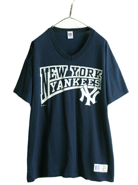 90s USA製 大きいサイズ XL ■ MLB オフィシャル ヤンキース プリント 半袖 Tシャツ メンズ / 古着 ラッセル 90年代 オールド 大リーグ 紺