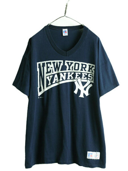 90s USA製 大きいサイズ XL ■ MLB オフィシャル ヤンキース プリント 半袖 Tシャツ メンズ / 古着 ラッセル 90年代 オールド 大リーグ 紺