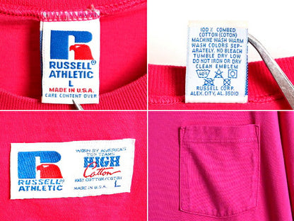 レアカラー 90s USA製 オールド ■ ラッセル 無地 ポケット付き 半袖 Tシャツ ( メンズ レディース L ) 90年代  RUSSEL ポケT 無地T ピンク