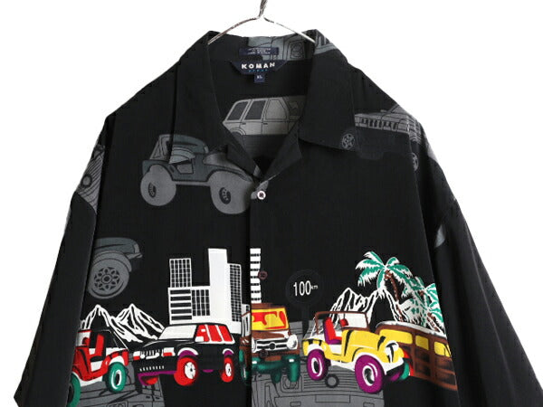 90s 大きいサイズ XL ■ KOMAN オールド カー 総柄 オープンカラー 半袖 シャツ メンズ / 開襟 チカーノ ハワイアン アロハ 黒 ブラック 車