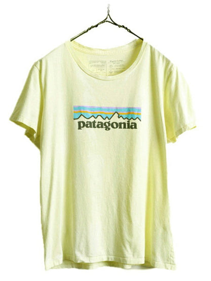 19年製 ■ パタゴニア プリント 半袖 Tシャツ レディース S Patagonia アウトドア フィッツロイ P-6 ロゴT クルーネック パステル イエロー
