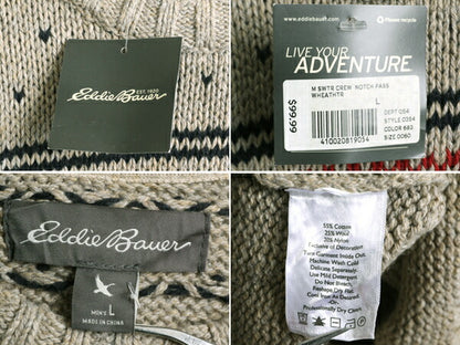 デッドストック エディーバウアー ノルディック 二ット セーター メンズ L 未使用 Eddie Bauer バーズアイ コットン ウール クルーネック