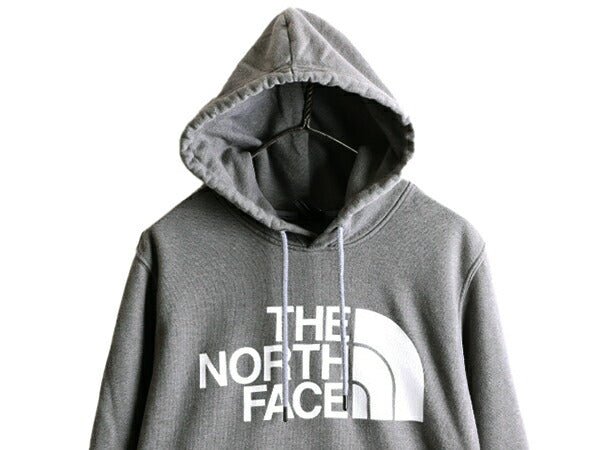 ノースフェイス プリント スウェット フード パーカー メンズ M 古着 The North Face アウトドア プルオーバー 裏起毛 トレーナー 灰 薄手