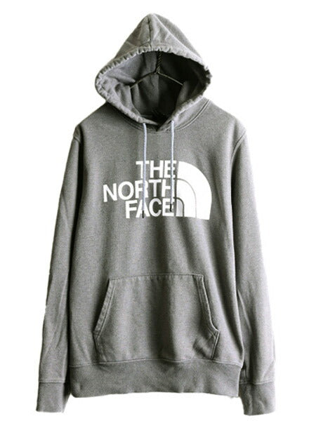 ノースフェイス プリント スウェット フード パーカー メンズ M 古着 The North Face アウトドア プルオーバー 裏起毛 トレーナー 灰 薄手