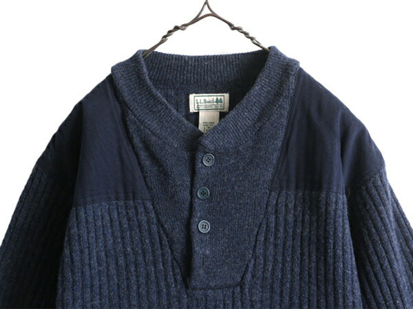 エルエルビーン ヘンリーネック コマンド ニット セーター メンズ L / 古着 LLビーン アウトドア リブ編み メリノ ラム ウール LLBEAN 紺