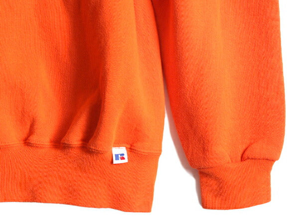 90s ラッセル カレッジ 刺繍 スウェット メンズ XL 小さめ L 程/ 古着 90年代 オールド RUSSELL トレーナー 裏起毛 スエット 前V オレンジ