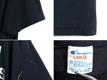 80s USA製 ■ チャンピオン カレッジ プリント 半袖 Tシャツ L 小さめ メンズ S M 程 古着 Champion 80年代 ビンテージ トリコタグ 紺 濃紺