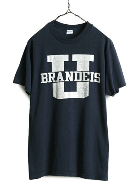 80s USA製 ■ チャンピオン カレッジ プリント 半袖 Tシャツ L 小さめ メンズ S M 程 古着 Champion 80年代 ビンテージ トリコタグ 紺 濃紺
