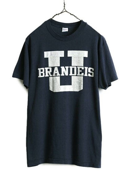 80s USA製 ■ チャンピオン カレッジ プリント 半袖 Tシャツ L 小さめ メンズ S M 程 古着 Champion 80年代 ビンテージ トリコタグ 紺 濃紺