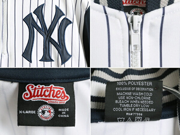 ■ MLB オフィシャル Stitches ヤンキース プルオーバー 半袖 ベースボール シャツ キッズ XL メンズ S 程 半袖シャツ 大リーグ 野球 紺 白