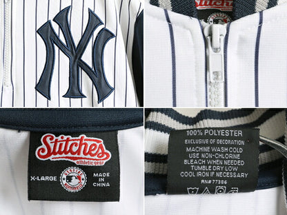 ■ MLB オフィシャル Stitches ヤンキース プルオーバー 半袖 ベースボール シャツ キッズ XL メンズ S 程 半袖シャツ 大リーグ 野球 紺 白