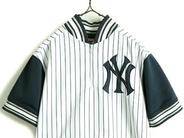 ■ MLB オフィシャル Stitches ヤンキース プルオーバー 半袖 ベースボール シャツ キッズ XL メンズ S 程 半袖シャツ 大リーグ 野球 紺 白