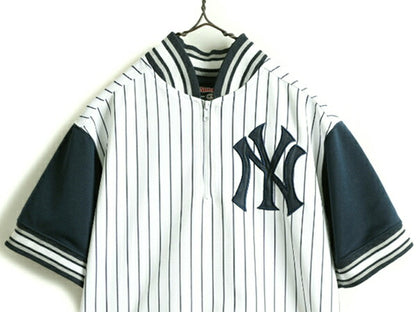 ■ MLB オフィシャル Stitches ヤンキース プルオーバー 半袖 ベースボール シャツ キッズ XL メンズ S 程 半袖シャツ 大リーグ 野球 紺 白
