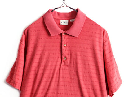 90s 旧タグ ■ LLBEAN ジャガード ボーダー 半袖 ポロシャツ ( メンズ M ) 古着 90年代 エルエルビーン LLビーン 半袖シャツ テラコッタ