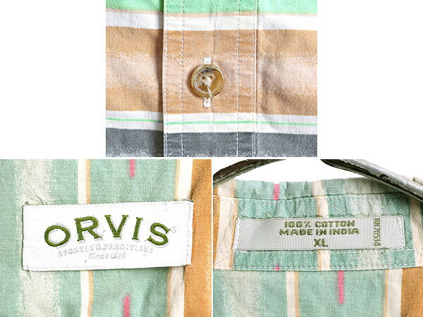90s 大きいサイズ XL ■ オービス ネイティブ ボーダー コットン 半袖 シャツ メンズ / 90年代 オールド ORVIS 半袖シャツ 総柄 アウトドア