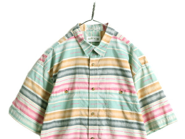90s 大きいサイズ XL ■ オービス ネイティブ ボーダー コットン 半袖 シャツ メンズ / 90年代 オールド ORVIS 半袖シャツ 総柄 アウトドア
