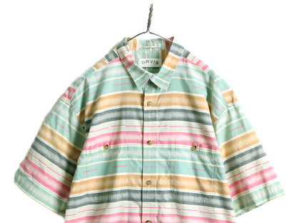 90s 大きいサイズ XL ■ オービス ネイティブ ボーダー コットン 半袖 シャツ メンズ / 90年代 オールド ORVIS 半袖シャツ 総柄 アウトドア