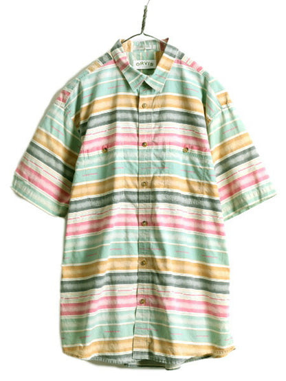 90s 大きいサイズ XL ■ オービス ネイティブ ボーダー コットン 半袖 シャツ メンズ / 90年代 オールド ORVIS 半袖シャツ 総柄 アウトドア