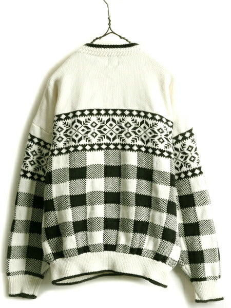 90s ■ OLD GAP ノルディック チェック コットン ニット セーター ( レディース L ) 90年代 オールド ギャップ 2トーン モノトーン 旧タグ