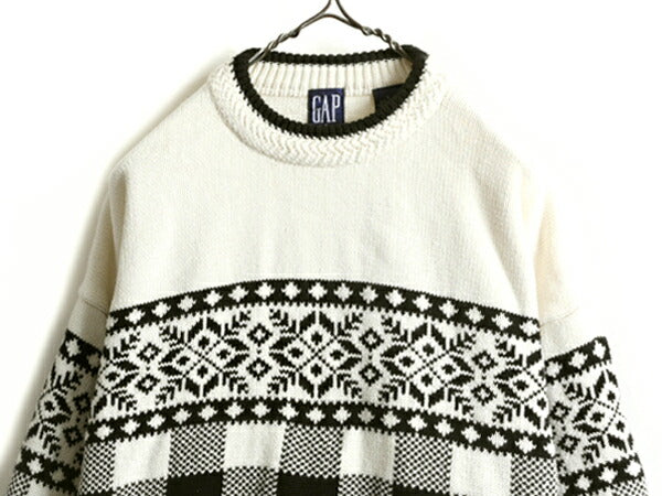90s ■ OLD GAP ノルディック チェック コットン ニット セーター ( レディース L ) 90年代 オールド ギャップ 2トーン モノトーン 旧タグ