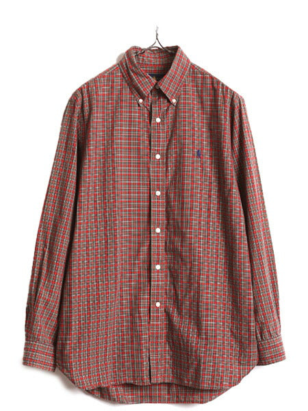 ラルフローレン チェック ボタンダウン シャツ メンズ M 程/ 古着 POLO コットン 長袖シャツ ポロ ワンポイント ポニー刺繍 薄手 マチ付き