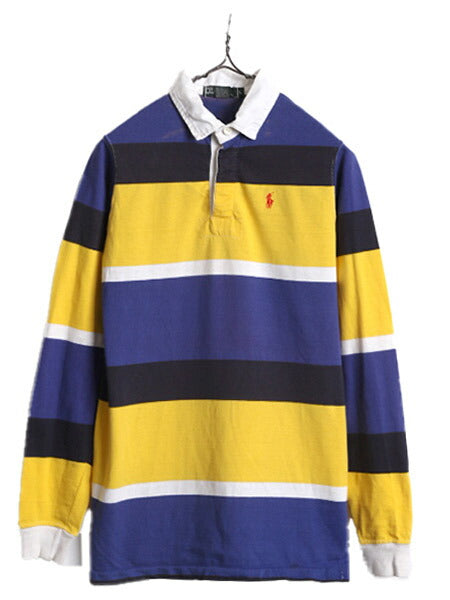 90s USA製 ポロ ラルフローレン ボーダー 長袖 ラガーシャツ キッズ L メンズ XS 程 ラグビーシャツ 長袖シャツ グリーンタグ ワンポイント