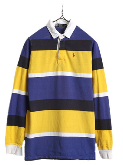 90s USA製 ポロ ラルフローレン ボーダー 長袖 ラガーシャツ キッズ L メンズ XS 程 ラグビーシャツ 長袖シャツ グリーンタグ ワンポイント