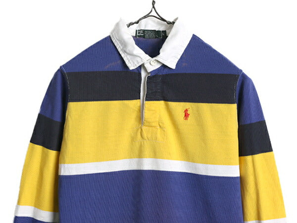 90s USA製 ポロ ラルフローレン ボーダー 長袖 ラガーシャツ キッズ L メンズ XS 程 ラグビーシャツ 長袖シャツ グリーンタグ ワンポイント