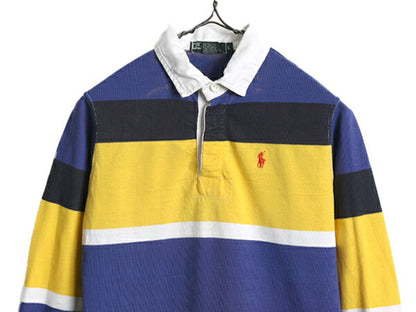 90s USA製 ポロ ラルフローレン ボーダー 長袖 ラガーシャツ キッズ L メンズ XS 程 ラグビーシャツ 長袖シャツ グリーンタグ ワンポイント