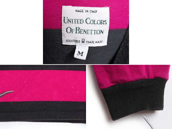 90s イタリア製 ベネトン ボーダー 長袖 Tシャツ レディース M メンズ S 程 オールド BENETTON モックネック ヘビーウェイト ラガーシャツ